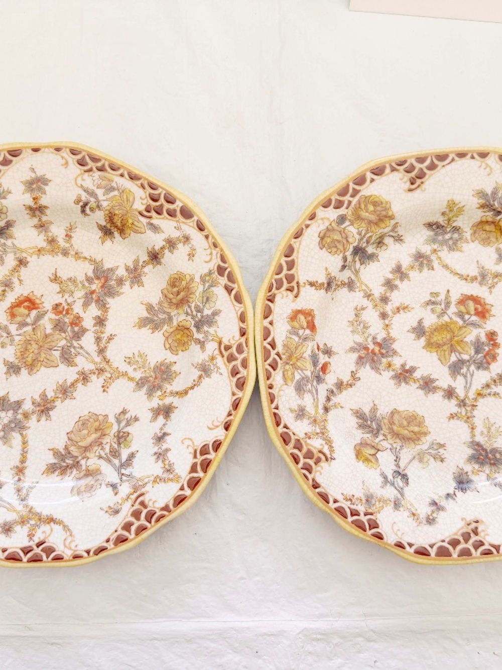 Pair Vintage Chinoiserie Porcelain Wall Hanging Plates Yellow Floral Crackle